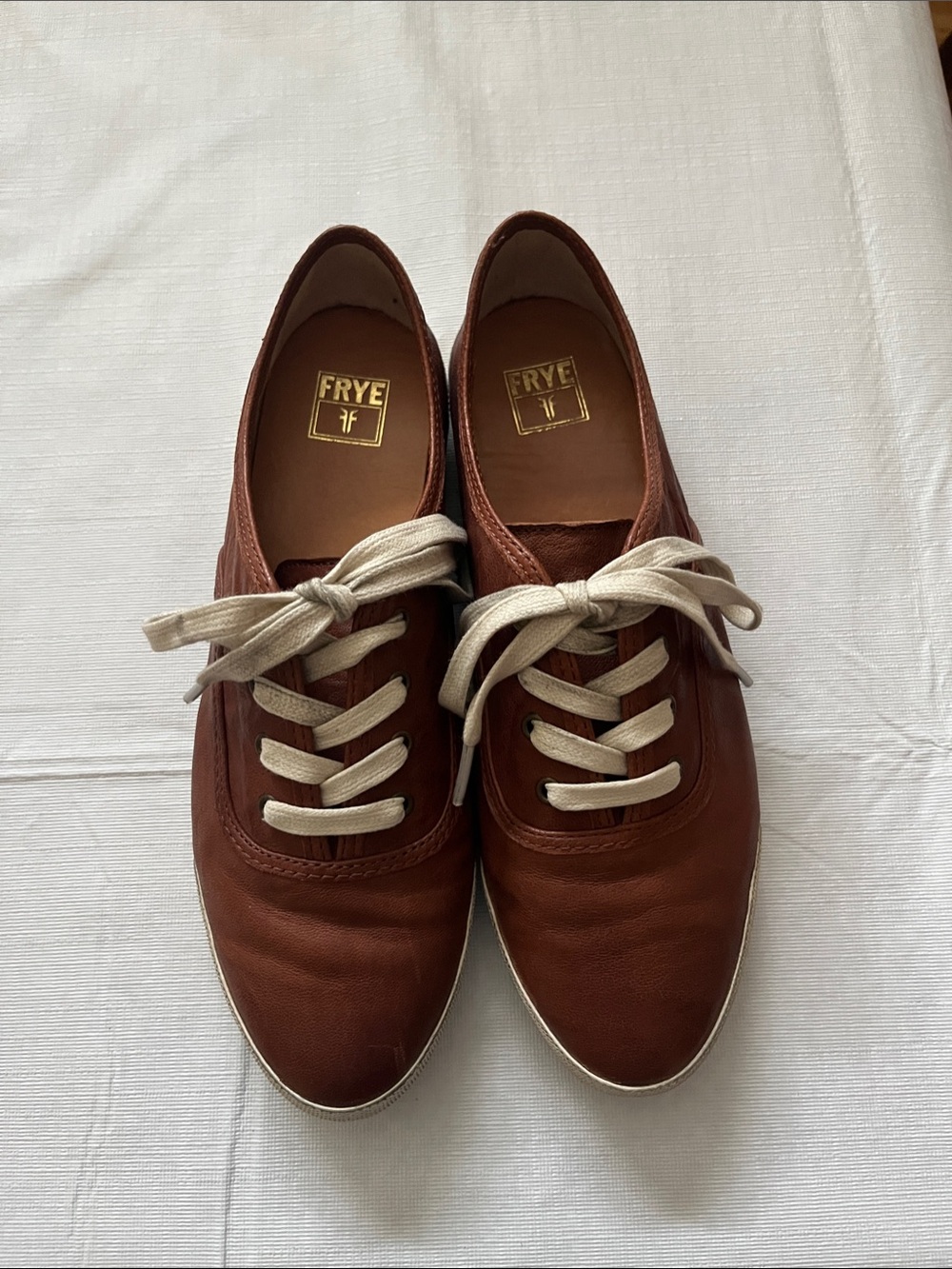 Frye Melanie Low Cognac Leather Lace-Up Sneakers with Cream Laces 8M
